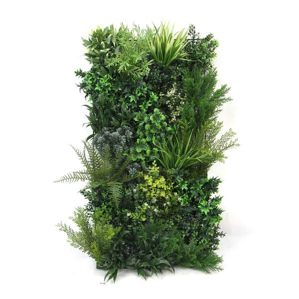 Artificial 3D Plant Wall with lush dark and light green foliage, yellows and whites 100x50cm Pure Clean Rental Solutions