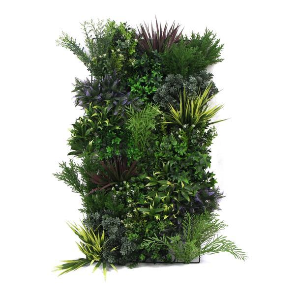 Artificial 3D Plant Wall with lush green, purple, red and white foliage 100x50cm Pure Clean Rental Solutions
