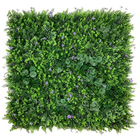 Artificial Green Wall Mixed Plant Panel with Purple Flowers 100x100 cm Pure Clean Rental Solutions