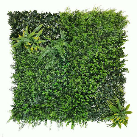 Artificial Green Wall Panel with Ferns Asparagus Eucalyptus, Yellow Fern, Privets and White Flowers - 100x100 cm Pure Clean Rental Solutions