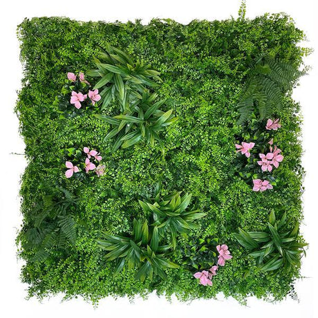 Artificial Green Wall Panel with Ferns Palms and Pink Flowers 100x100 cm Pure Clean Rental Solutions