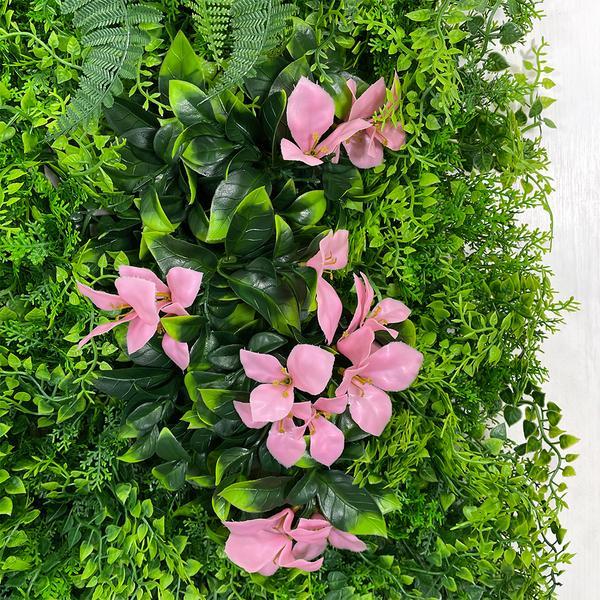 Artificial Green Wall Panel with Ferns Palms and Pink Flowers 100x100 cm Pure Clean Rental Solutions