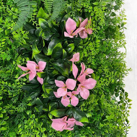 Artificial Green Wall Panel with Ferns Palms and Pink Flowers 100x100 cm Pure Clean Rental Solutions