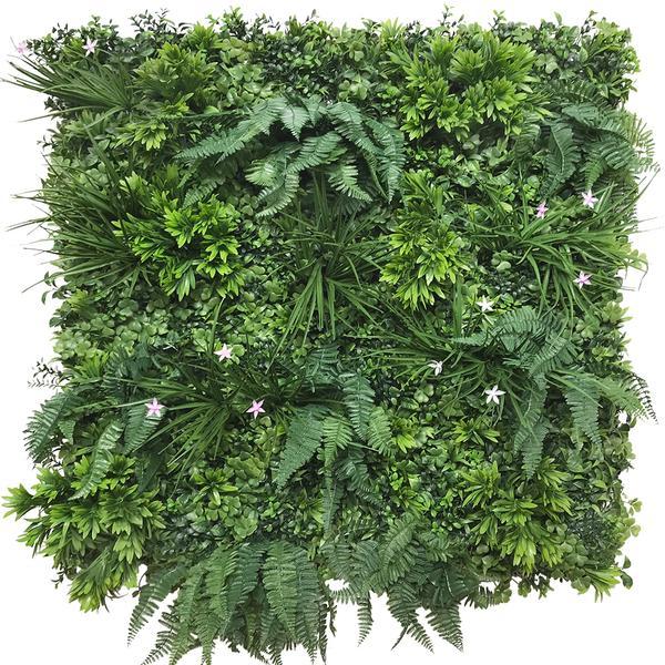 Artificial Green Wall Panel with mixed 3d light-dark green foliage with scheffleras & pink flowers 100x100 cm Pure Clean Rental Solutions