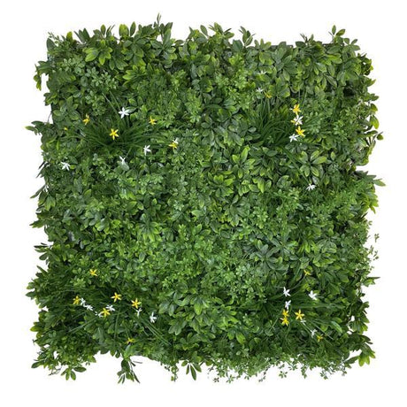 Artificial Green Wall Panel with mixed 3d light-dark green foliage with yellow & white flowers 100x100 cm Pure Clean Rental Solutions