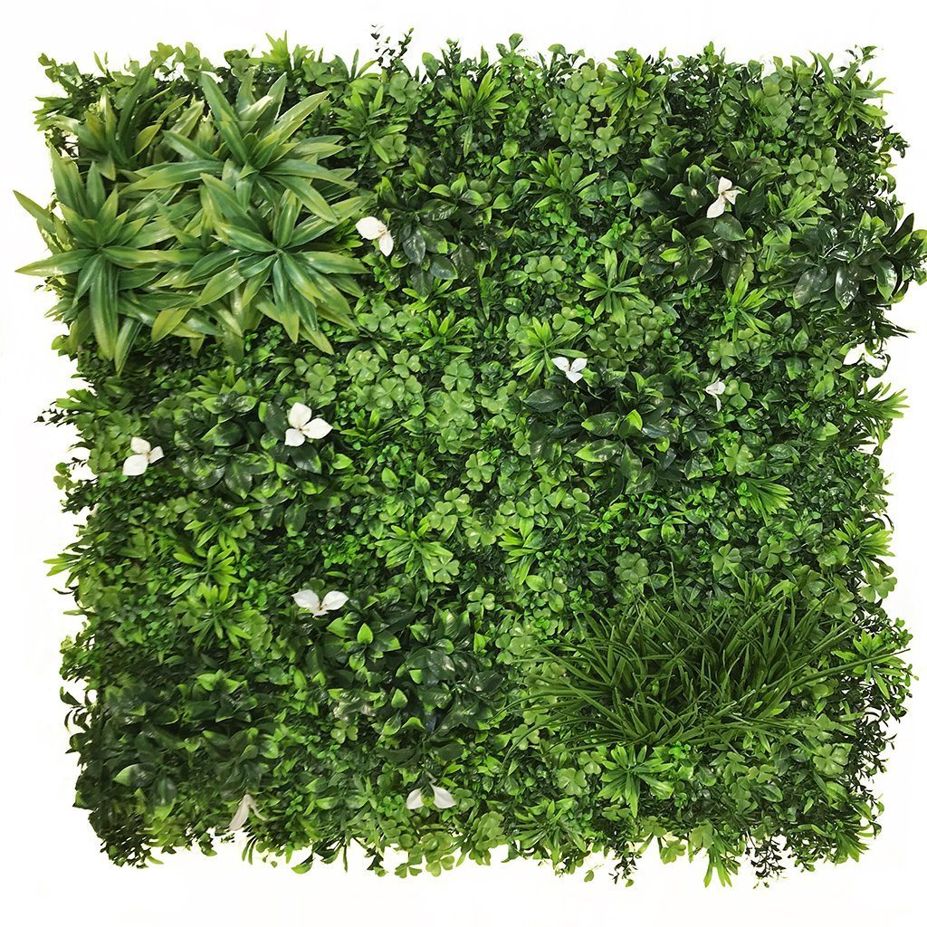 Artificial Green Wall Panel with mixed foliage palm heads and white flowers 100x100 cm Pure Clean Rental Solutions