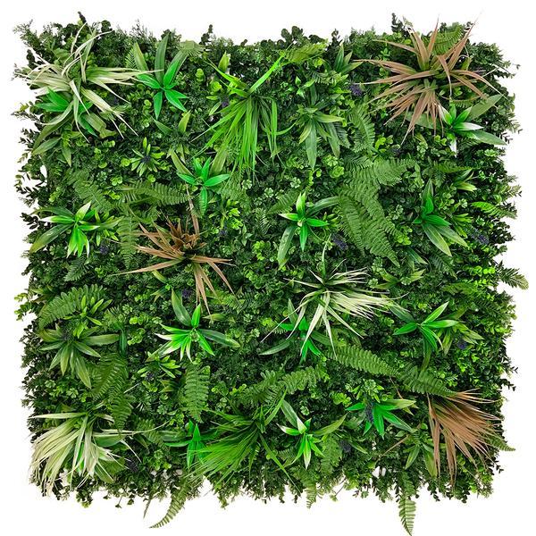 Artificial Green Wall Panel with mixed green, red & white foliage & purple flowers 100x100 cm Pure Clean Rental Solutions