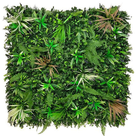 Artificial Green Wall Panel with mixed green, red & white foliage & purple flowers 100x100 cm Pure Clean Rental Solutions