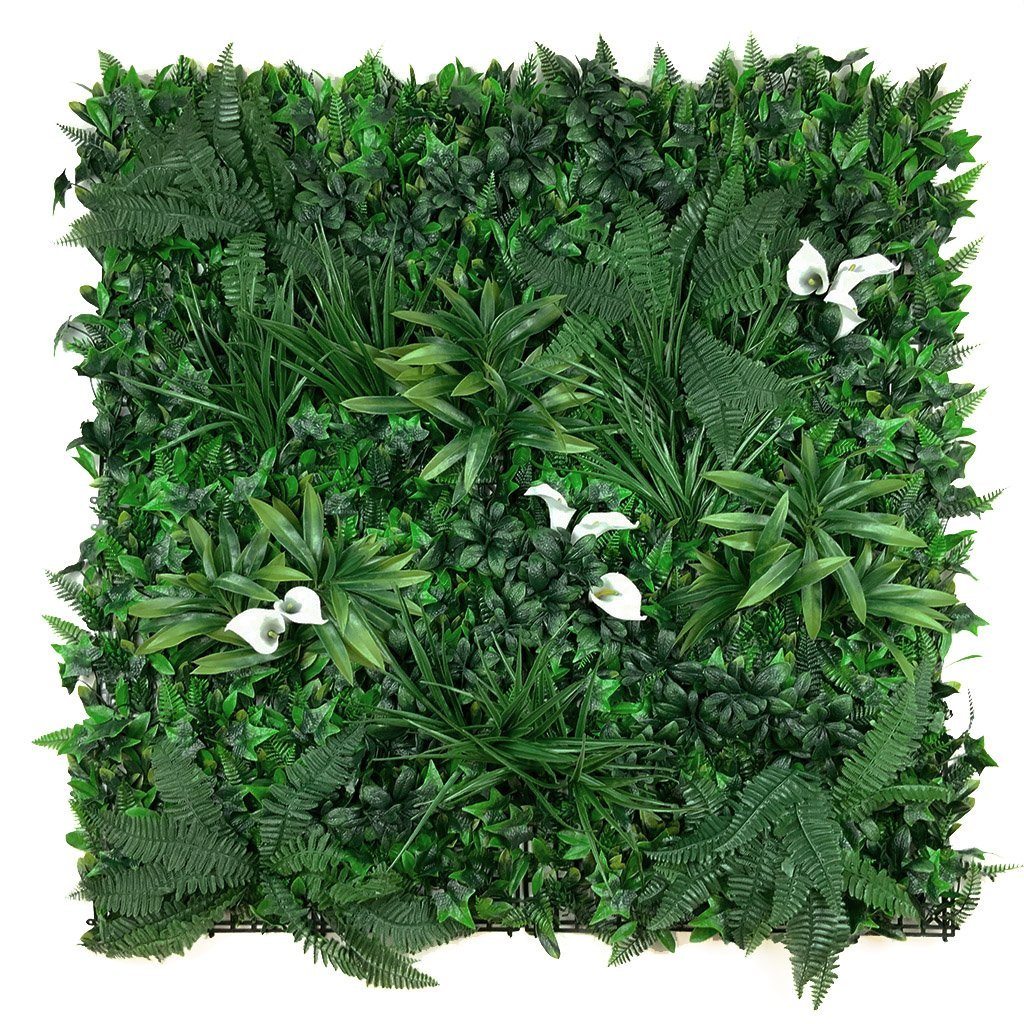 Artificial Green Wall Panel with variegated foliage and calla lillies 100x100 cm Pure Clean Rental Solutions
