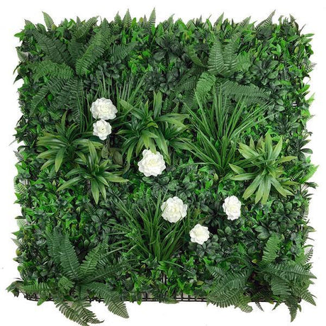 Artificial Green Wall Panel with variegated foliage and camellias 100x100 cm Pure Clean Rental Solutions