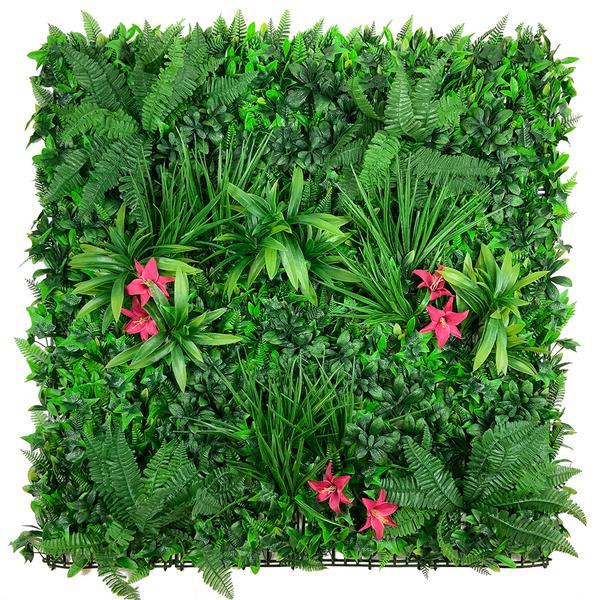 Artificial Green Wall Panel with variegated foliage and classic dark pink lillies 100x100 cm Pure Clean Rental Solutions