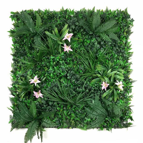 Artificial Green Wall Panel with variegated foliage and classic pink lillies 100x100 cm Pure Clean Rental Solutions