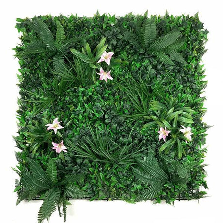 Artificial Green Wall Panel with variegated foliage and classic pink lillies 100x100 cm Pure Clean Rental Solutions