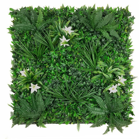 Artificial Green Wall Panel with variegated foliage and classic white lillies 100x100 cm Pure Clean Rental Solutions