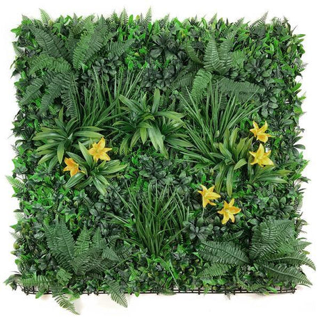 Artificial Green Wall Panel with variegated foliage and classic yellow lillies 100x100 cm Pure Clean Rental Solutions