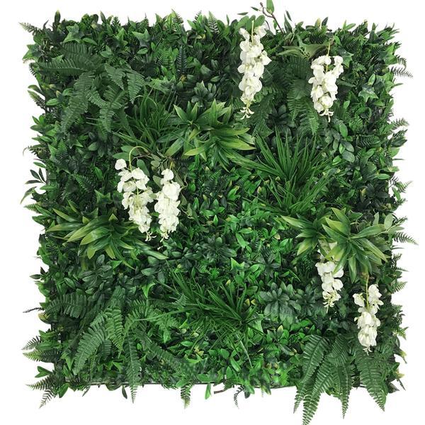 Artificial Green Wall Panel with variegated foliage and cream trailing wisteria 100x100 cm Pure Clean Rental Solutions