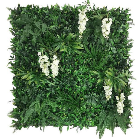 Artificial Green Wall Panel with variegated foliage and cream trailing wisteria 100x100 cm Pure Clean Rental Solutions