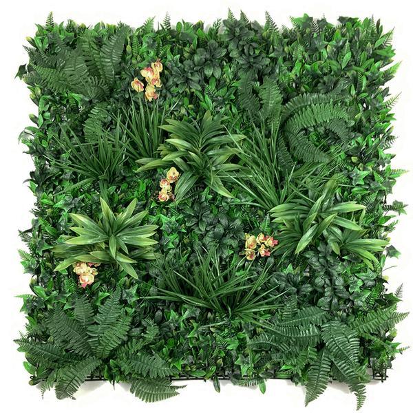 Artificial Green Wall Panel with variegated foliage and lime green and red orchids 100x100 cm Pure Clean Rental Solutions