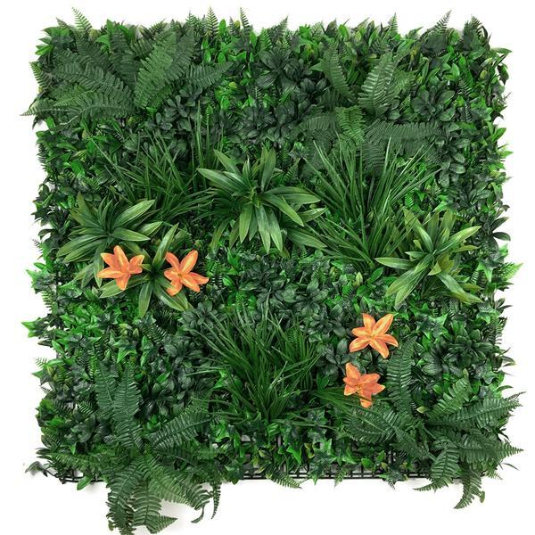 Artificial Green Wall Panel with variegated foliage and orange tiger lillies 100x100 cm Pure Clean Rental Solutions