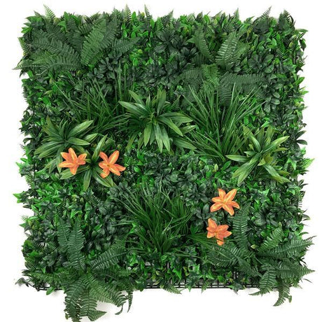 Artificial Green Wall Panel with variegated foliage and orange tiger lillies 100x100 cm Pure Clean Rental Solutions