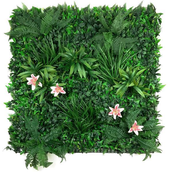 Artificial Green Wall Panel with variegated foliage and pink tiger lillies 100x100 cm Pure Clean Rental Solutions