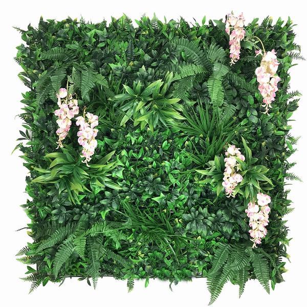 Artificial Green Wall Panel with variegated foliage and pink trailing wisteria 100x100 cm Pure Clean Rental Solutions
