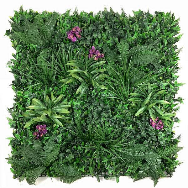 Artificial Green Wall Panel with variegated foliage and purple orchids 100x100 cm Pure Clean Rental Solutions