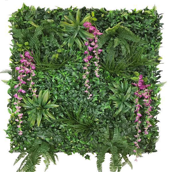 Artificial Green Wall Panel with variegated foliage and purple trailing sweet peas 100x100 cm Pure Clean Rental Solutions