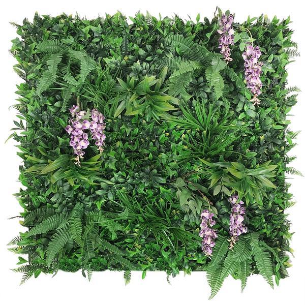 Artificial Green Wall Panel with variegated foliage and purple trailing wisteria 100x100 cm Pure Clean Rental Solutions