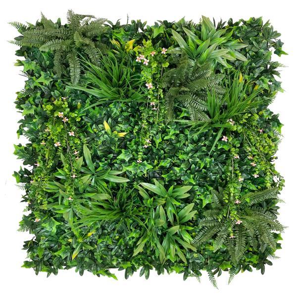 Artificial green wall panel with variegated foliage and trailing pink flowers 100x100 cm Pure Clean Rental Solutions