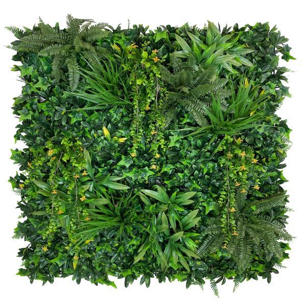 Artificial Green Wall Panel with variegated foliage and trailing yellow flowers 100x100 cm Pure Clean Rental Solutions