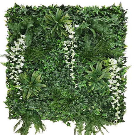 Artificial Green Wall Panel with variegated foliage and white trailing sweet peas 100x100 cm Pure Clean Rental Solutions