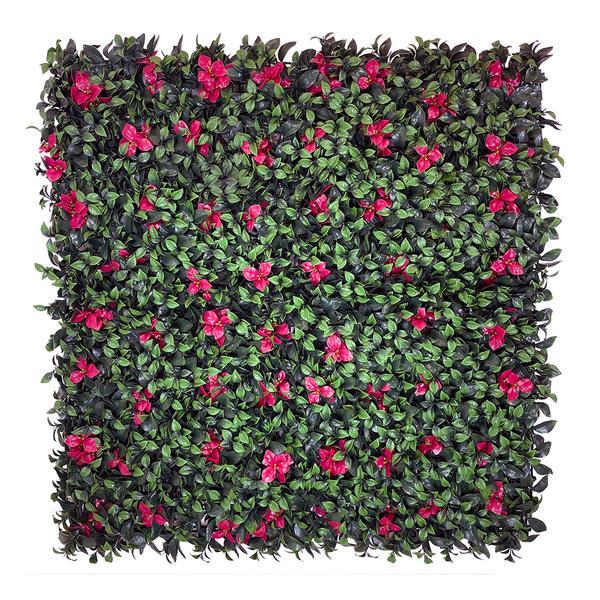 Artificial Green Wall Panel with variegated green foliage and red gardenia flowers 100x100 cm Pure Clean Rental Solutions