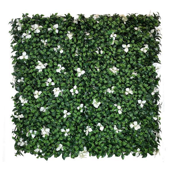 Artificial Green Wall Panel with variegated green foliage and white gardenia flowers 100x100 cm Pure Clean Rental Solutions