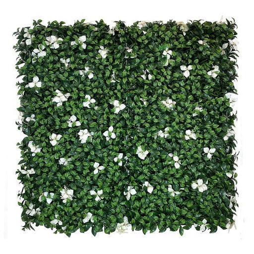 Artificial Green Wall Panel with variegated green foliage and white gardenia flowers 100x100 cm Pure Clean Rental Solutions 