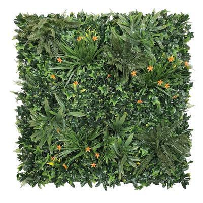 Artificial Green Wall Panel with variegated greens of ivy, ferns, palm heads, grasses & small orange flowers 100x100 cm Pure Clean Rental Solutions 