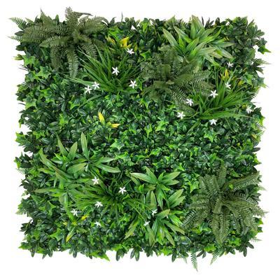 Artificial Green Wall Panel with variegated greens of ivy, ferns, palm heads, grasses & small white flowers 100x100 cm Pure Clean Rental Solutions
