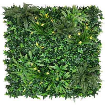 Artificial Green Wall Panel with variegated greens of ivy, ferns, palm heads, grasses & small yellow flowers 100x100 cm Pure Clean Rental Solutions