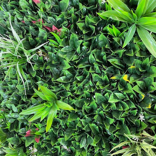 Artificial Green Wall Panel with Variegated Mixed Green Foliage, Grasses, Palms with Red, Yellow and White Foliage 100x100 cm Pure Clean Rental Solutions