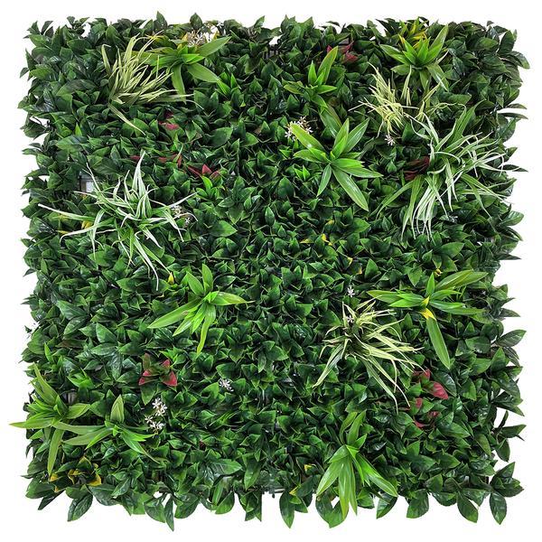 Artificial Green Wall Panel with Variegated Mixed Green Foliage, Grasses, Palms with Red, Yellow and White Foliage 100x100 cm Pure Clean Rental Solutions