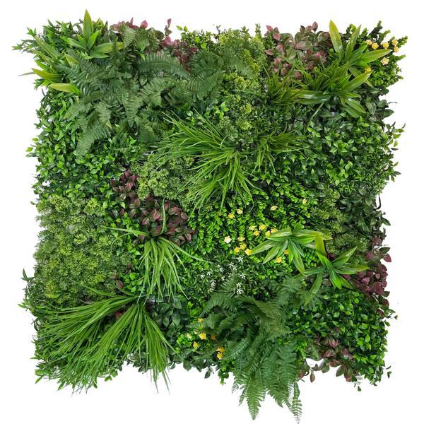 Artificial Green Wall Panel with variegated mixed greens, red , white and yellow flowers 100x100 cm Pure Clean Rental Solutions