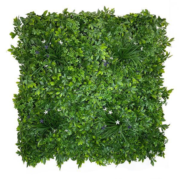 Artificial Living Wall Panel with Mixed 3d Light-Dark Green Foliage with Purple & White Flowers Pure Clean Rental Solutions