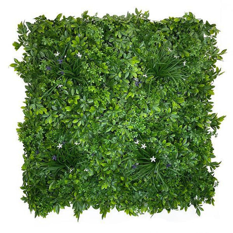 Artificial Living Wall Panel with Mixed 3d Light-Dark Green Foliage with Purple & White Flowers Pure Clean Rental Solutions