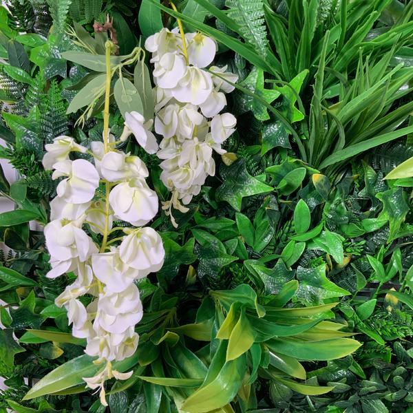 Artificial Living Wall Panel with variegated foliage and cream trailing wisteria Pure Clean Rental Solutions