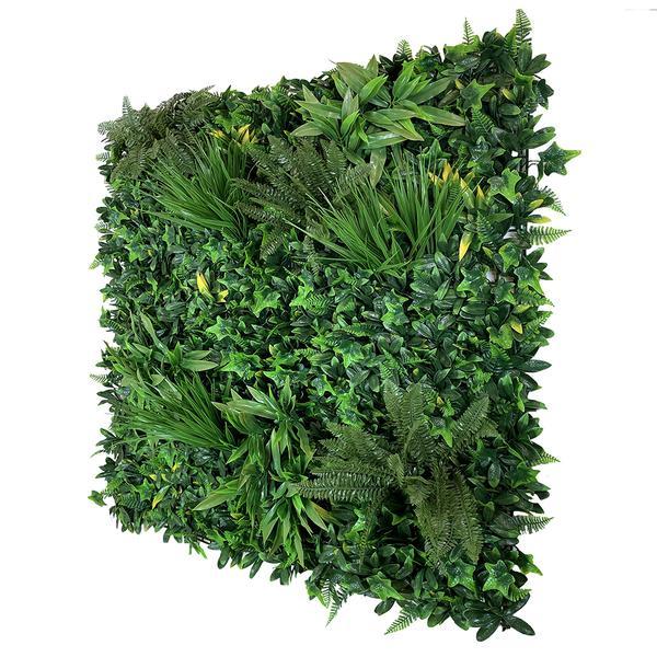 Artificial Living Wall Panel with Variegated Greens of Ivy, Ferns, Palm Heads, Grasses & Yellow Tipped Privets Pure Clean Rental Solutions