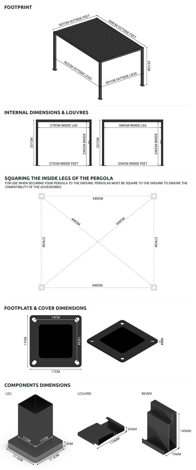 Nova - Titan 3.6x3m Rectangular Aluminium Pergola Pure Clean Rental Solutions