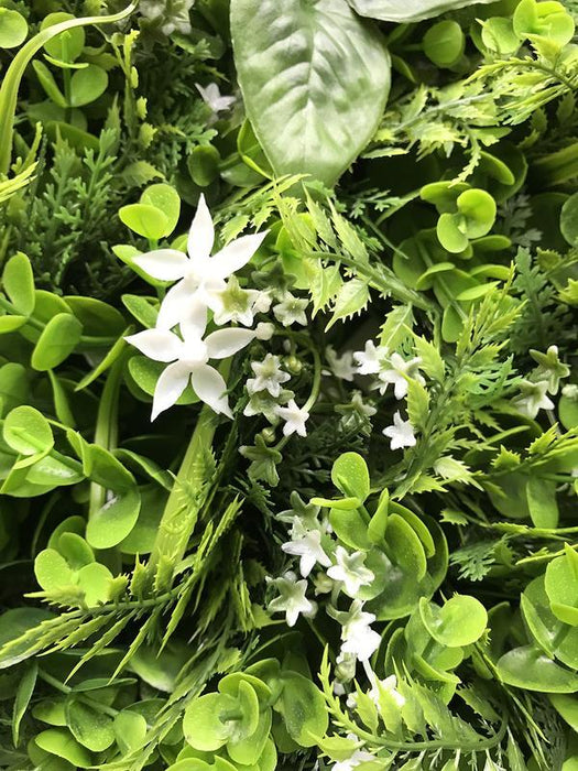 Artificial Green Wall Mixed Plant Panel with White Flowers 100x100 cm Pure Clean Rental Solutions 