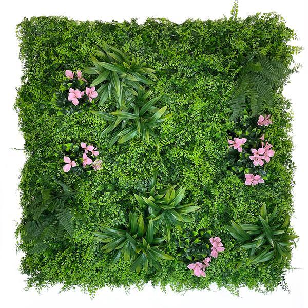 Artificial Green Wall Panel with Ferns Palms and Pink Flowers 100x100 cm Pure Clean Rental Solutions 