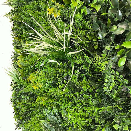 Artificial Green Wall Panel with Light and Dark Green Ferns & Grasses with Yellow & White Foliage Pure Clean Rental Solutions 