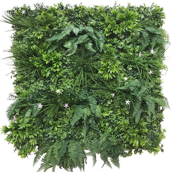Artificial Green Wall Panel with mixed 3d light-dark green foliage with scheffleras & pink flowers 100x100 cm Pure Clean Rental Solutions 